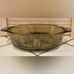 Vintage Brown and Yellow Glass Bakeware with Floral Design